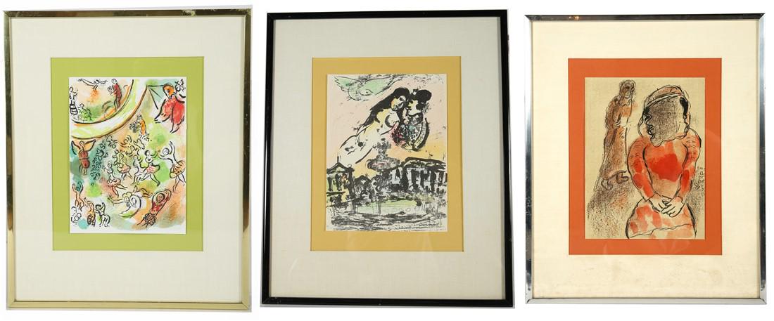 Marc Chagall, Lot of Three Prints: Marc Chagall (Russian-French, 1887-1985). "Opera Garnier". Offset ithograph. Sight: 13" x 9 1/2". Frame: 24 1/4" x 20". Lithograph depicting figures at the opera. Marc Chagall (Russian-French, 1887-19