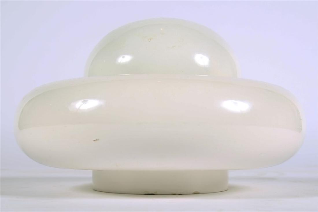 Vase in the Style of Giuliana Gramigna: White Lidded Vase Ceramic Height: 7 1/8", Diameter: 13". White ceramic vase with lid in the style of Giuliana Gramigna famous, "Electra" table lamp. The letter G is carved into bottom of vase.