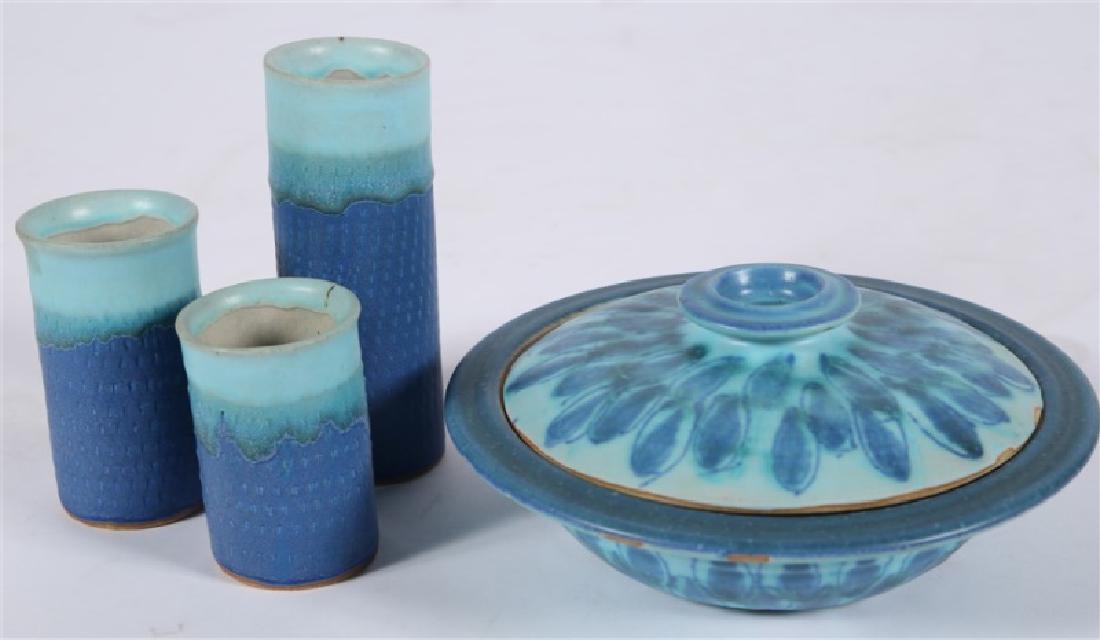 J.T. Abernathy (American), Four Piece Pottery Set: J.T. Abernathy (American, b. 1923). Glazed stoneware. Tall cylinder: Height: 7 1/2", Dia.: 2 3/4". Second cylinder: Height: 5 1/4", Dia.: 3". Third cylinder: Height: 4 1/2", Dia.: 2 7/8". Lidded bowl