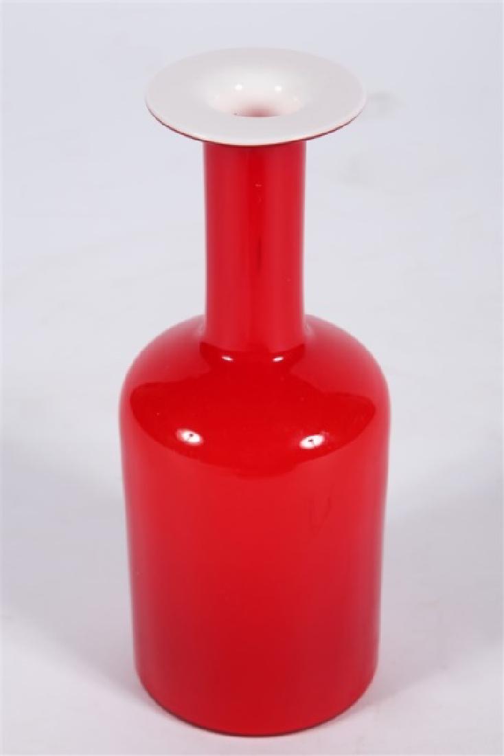 Otto Brauer (Danish), Red "Gulvvase": Otto Brauer (Danish, 20th century). "Gulvvase". Glass. Design: c. 1962. Distributed by Holmegaard. Height: 12", Diameter: 4 5/8". Glass vase in the "Gulvvase" design by Otto Brauer for Holmegaard. Bas