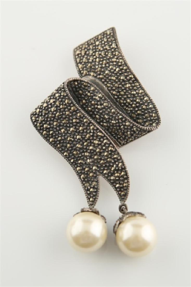 Sterling Marcasite Brooch with Faux Pearls (1 of 5)