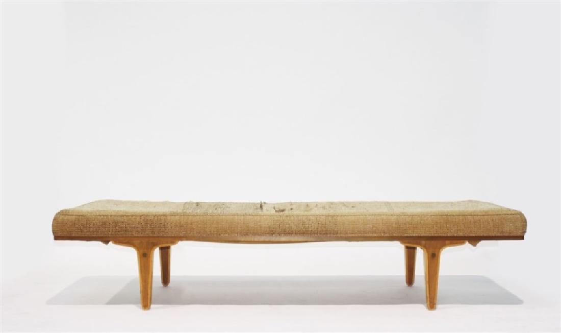 Edward Wormley for Dunbar, "Serene" Bench: Edward J. Wormley (American, 1907-1955). Upholstered bench. Wood, brass and fabric. Production: 1949. Distributed by Dunbar. Model: 4955 Serene. Height: 16", Length: 78.5", Depth: 24.5". Wooden bench 
