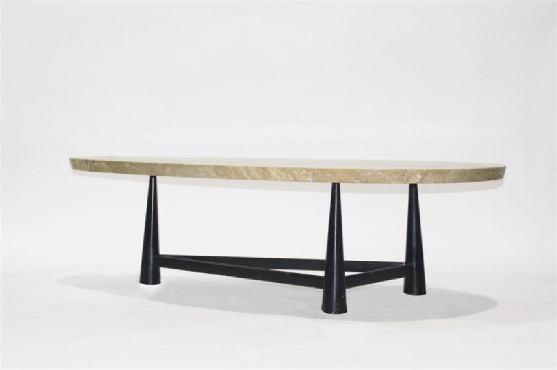 Edward Wormley for Dunbar, Travertine Coffee Table: Edward J. Wormley (American, 1907-1955). Coffee table. Travertine marble and lacquered metal. Production: c. 1950s. Model: 5218. Height: 17", Width: 60", Depth: 27". Table has a travertine marble ston