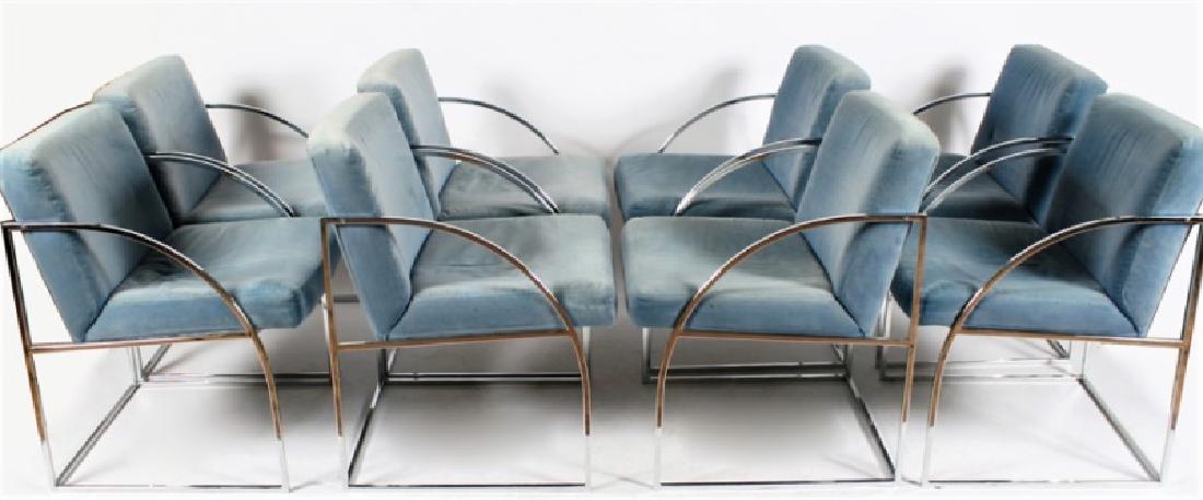 Thayer Coggin (American, est. 1953), Eight Chairs: Chrome, upholstery. c. 1970-80s. Manufactured by Thayer Coggin, Inc. Height: 30", Length: 21", Depth: 22 1/2". Set of eight dining chairs by Thayer Coggin. Blue upholstery, chrome finish. All with Tha