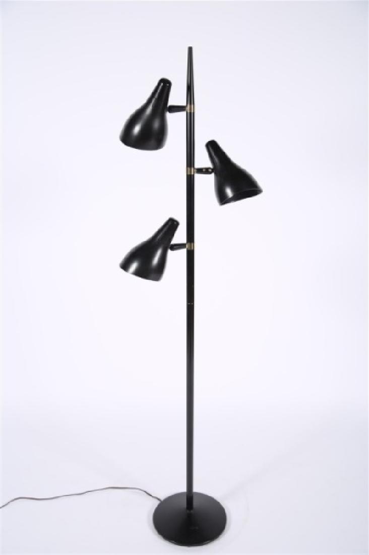 Lightolier, Black Enameled Metal Floor Lamp: Lightolier (American, est. 1904). Enameled metal. Height: 63 3/4", Dia.: 10 3/4". Black enameled metal floor lamp by Lightolier. Three shades with caps marked with the Lightolier logo. Base marked wit