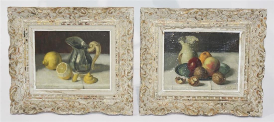 Joseph Jost, Pair of Oil Still Life Paintings: Joseph Jost (Austrian, 1888-1969). Pair of still life paintings. Oil on canvas. Painting with nuts: Sight: 7 1/2" x 9 1/2". Frame: 13 1/2" x 15 1/2". Painting with lemons: Sight: 7 1/2" x 9 1/2". Fram