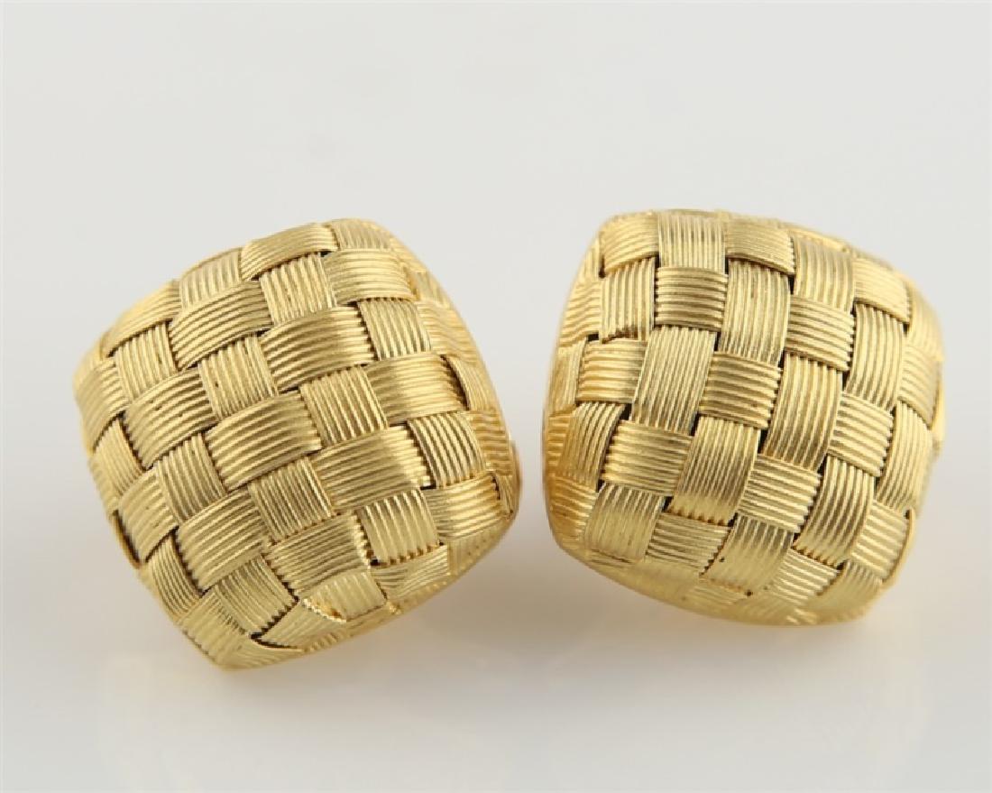 Roberto Coin 18kt Yellow Gold Earrings: Rounded square basket woven Roberto Coin 18kt yellow gold post clip back earrings. 18kt Italy stamp and Roberto Coin's signature stamp, 1226 VI is present on both earrings. Width: 1/2", Weight: 7.7g