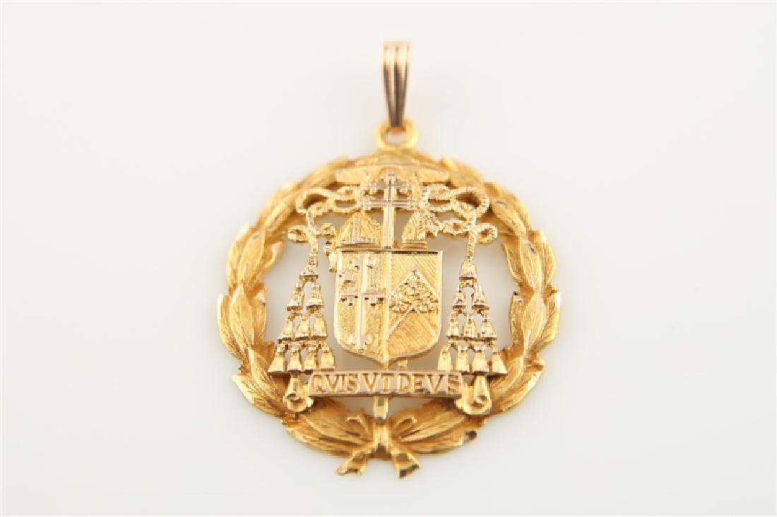 10kt Yellow Gold 1930 Arch Bishop Pendant: 10kt yellow gold seal pendant, c. 1930. Front of pendant marked "QUIS UT DEUS" with shield. Back of pendant reads, "Donated by Most Rev MJ Curley DD Archbishop of Baltimore", "Christian Doctrine Conve