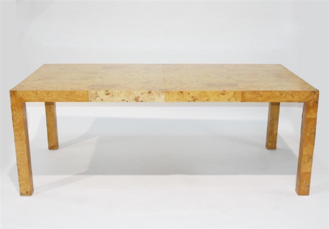 Attributed to Milo Baughman, Burl Wood Table: Attributed to Milo Baughman (American, 1923-2003). Extending Dining Table. Burl wood and metal. c. 20th C. Table without leaves: Height: 29 1/8", Width: 40" , Depth: 40". Leaf: Width: 19 3/8", Depth: 