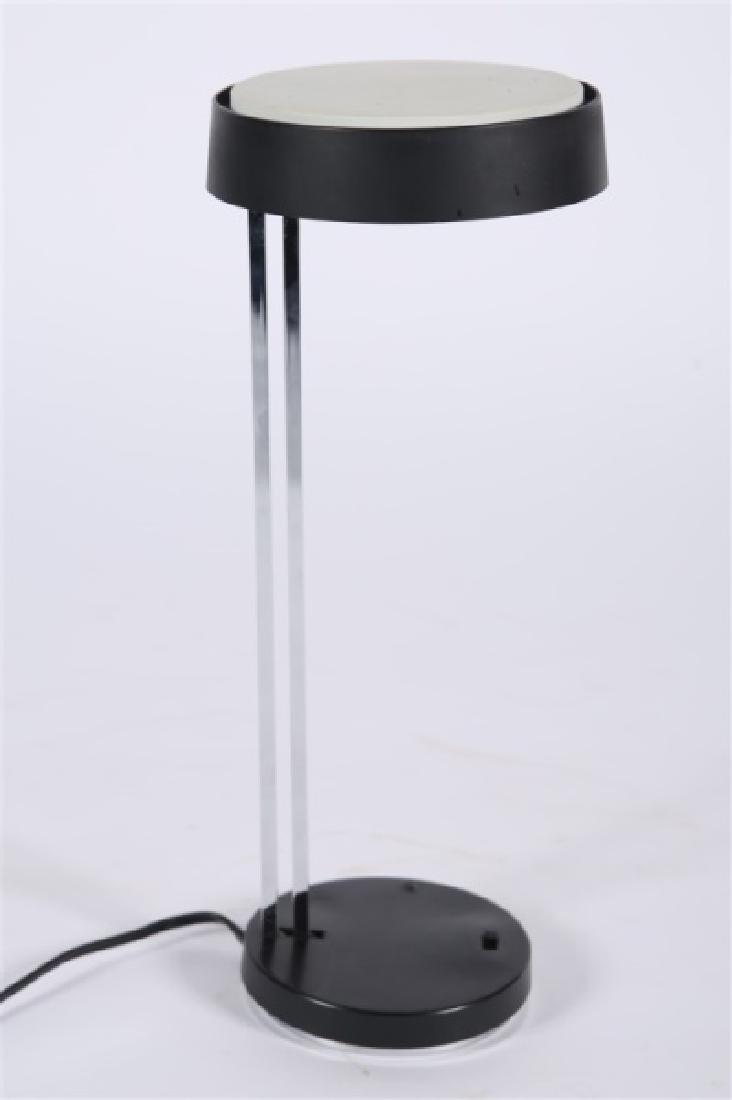 Lightolier, Black Adjustable Table Lamp: Lightolier (American, Est. 1904). Adjustable Table Lamp. Metal, Plastic and Chrome. Production: 20th C. Distributed by Lightolier. Height: 15", Diameter: 5". Vintage Mid-Century Modern two-tone, black