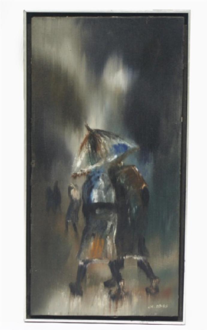 Charles Obas (Haitian), Oil on Canvas Rain Scene: Charles Obas (Haitian, 1927-1968). Oil on canvas. Sight: 24 1/4" x 12 1/4". Frame: 25 1/4" x 13 1/4". Oil on canvas depictiong of a rainy scene by Haitian artist Charles Obas. Signed lower right, "CH.