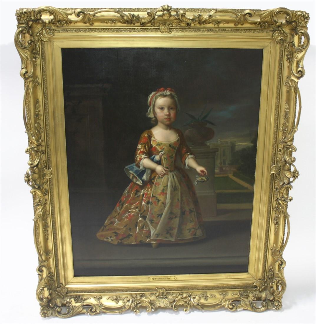 After William Hogarth, Portrait of Young Girl: After William Hogarth (English, 1697-1764). Portrait of a young girl. Oil on canvas. Sight: Height: 47 3/4", Length: 37 1/2". Frame: Height: 62 1/4", Length: 52". Portrait of a young girl carrying a d