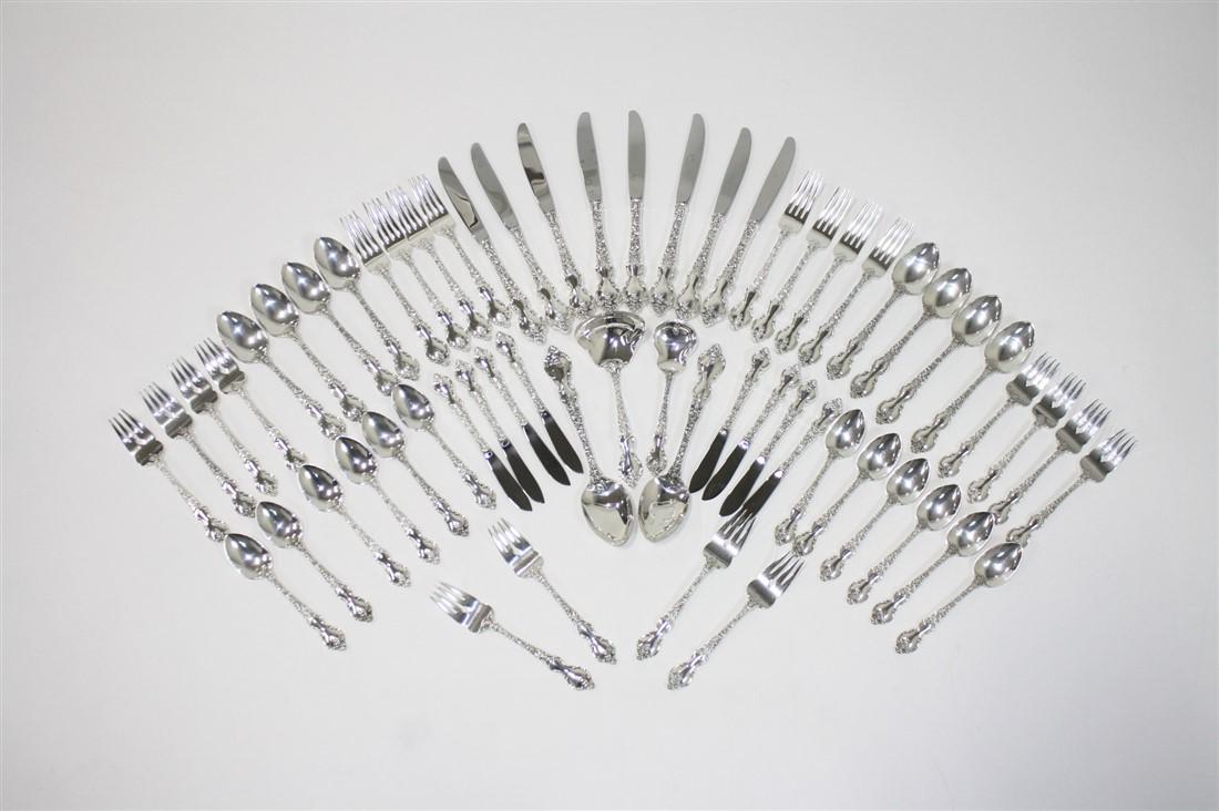 International Sterling, "DuBarry" 60 Pc Set: International Sterling (American, est. 1898). "DuBarry" silverware. Sterling silver, stainless steel. Design: 1968. Total weighable (without knives): 78.97 ozt. International Sterling silverware set i