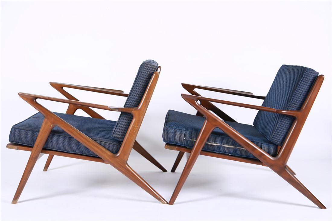 Poul Jensen for Selig, Pair of "Z" Lounge Chairs: Poul Jensen (Danish, 1905-1990). Pair of "Z" lounge chairs. Upholstery and teak. Distributed by Selig. Height: 26 1/8", Length: 29 1/4", Depth: 23". Pair of Danish mid century modern "Z" lounge chairs