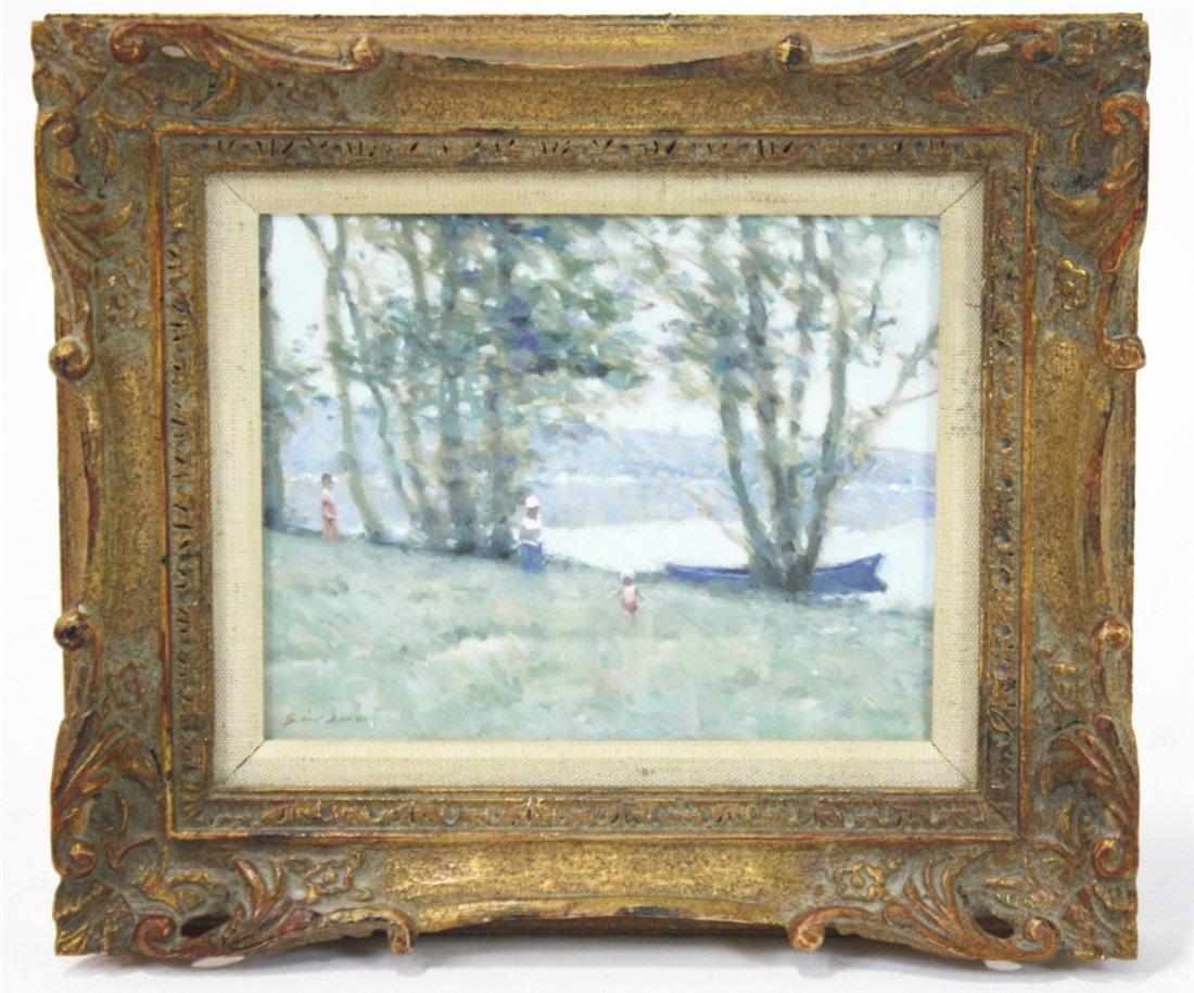 Andre Gisson (American), "Landscape III", Oil: Andre Gisson (American, 1921-2003). "Landscape III", 1970. Oil on canvas. Sight: 7 1/2" x 9 1/2". Frame: 13" x 15". Andre Gisson (Anders Gittelson) oil on canvas landscape with figures. Signed lower l