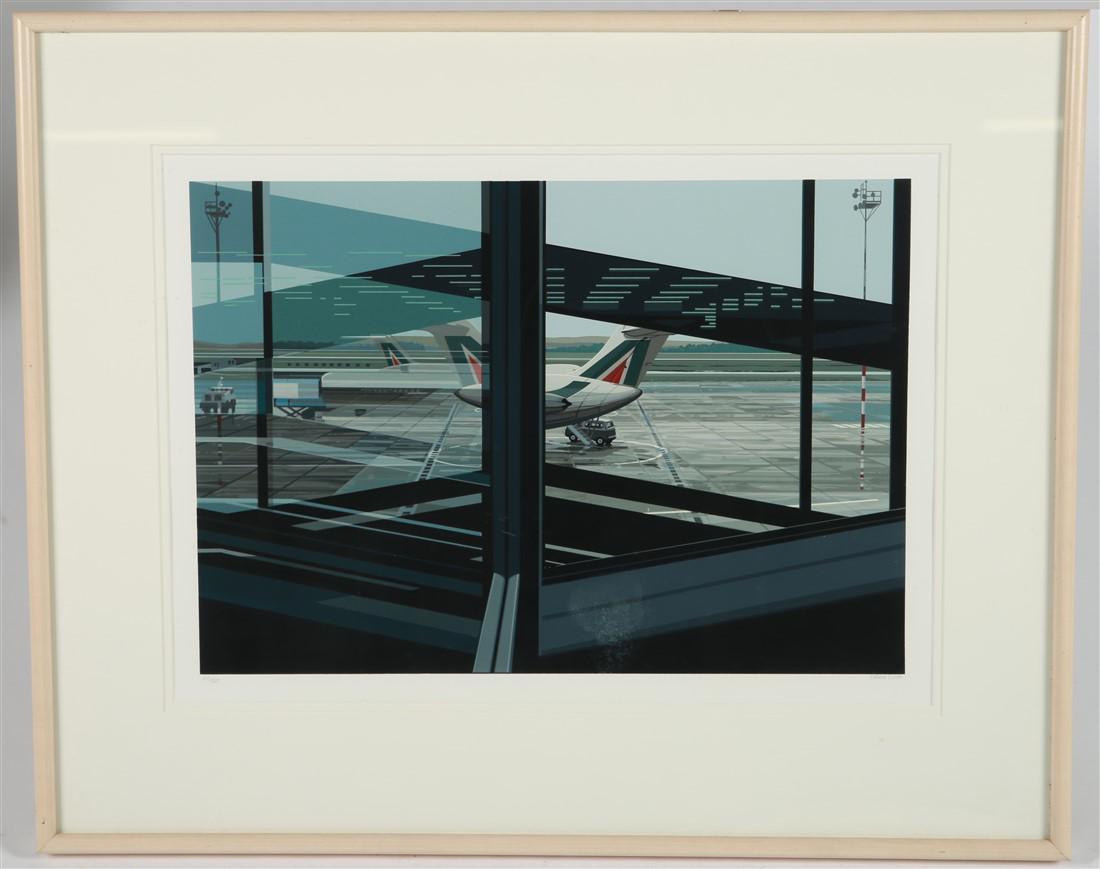 Richard Estes, "Flughafen (Airport)" Screenprint: Richard Estes (American, b. 1932). "Flughafen (Airport)" from the series "Urban Landscapes III", 1981. Screenprint. Edition: 217/250. Sight: 15 1/2" x 21 1/2". Frame: 24" x 29 1/2". Richard Estes scre