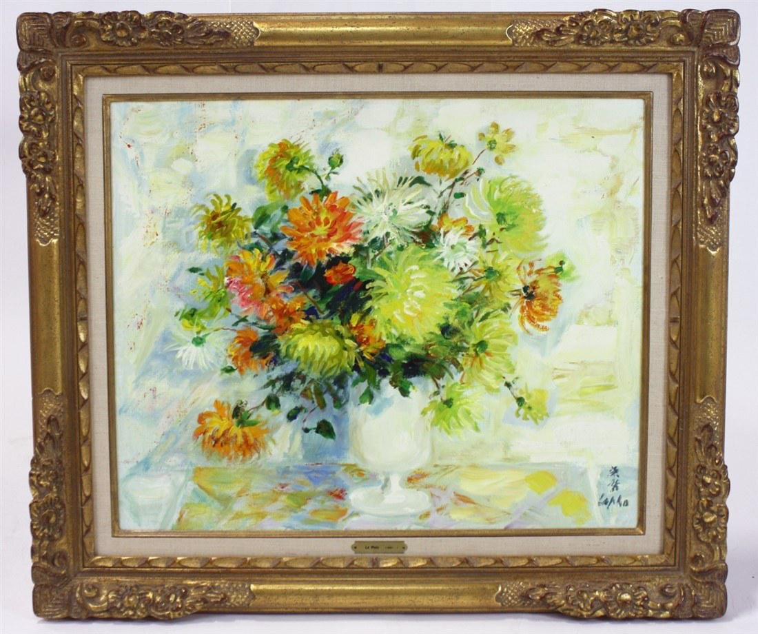 Le Pho, Floral Oil on Canvas: Le Pho (French-Vietnamese, 1907-2001). Untitled. Oil on canvas. Sight: 19 1/2" x 23 3/4". Frame: 27" x 31 1/4". Le Pho, oil on canvas floral still life. Signed lower right "Le Pho" with characters. Pl