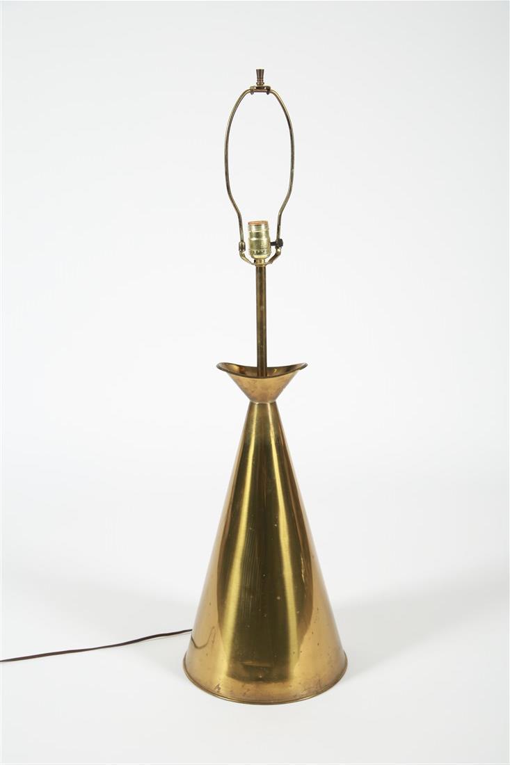 Mid-Century Conical Brass Table Lamp: Brass. Height: 38 1/2" (including harp), 29 1/2" (w/o harp), Diameter: 10 3/4". Brass table lamp having conical form. Lamp appears unmarked, felted bottom. Functional.