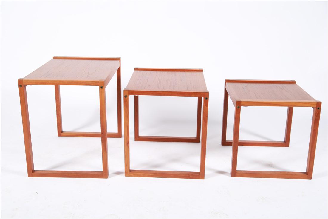 Danish Modern Nesting Tables: Table One Height: 19 5/8", Length: 24 11/16", Width: 15 7/8". Table Two Height: 17 3/4", Length: 15 3/4", Width: 21". Table Three Height: 16", Length: 15 3/4", Width: 18". Set of three Danish modern s