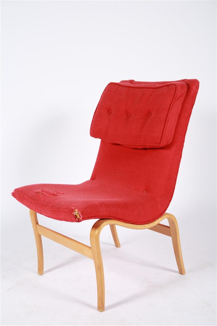 Bruno Mathsson, Red "Eva" Lounge Chair: Bruno Mathsson (Swedish, 1907-1988). Armless Eva chair. Beech wood, upholstery. Design: 1941. Distributed by Firma Karl Mathsson. Model: 471. Height: 34", Length: 19", Depth: 25" approx. Armless "Eva"