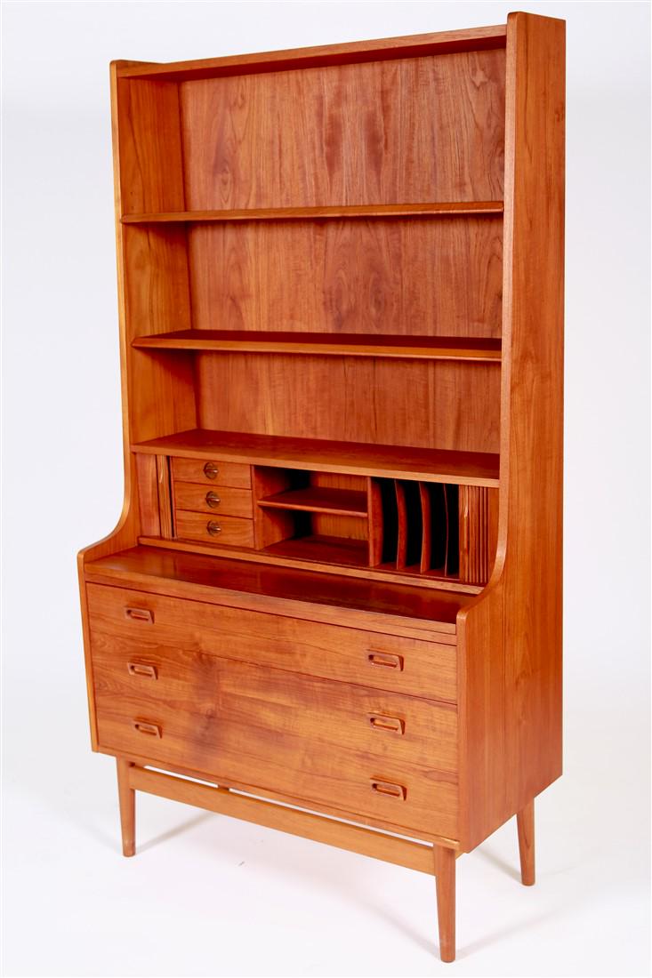 Borge Mogensen, Danish Teak Secretary: Borge Mogensen (Danish, 1914-1972). Three drawer secretary. Teak. Production: mid 20th C. Height: 71 1/2", Width: 39 1/2", Depth: 16 3/4". Depth with Pull Out Surface: 24". Danish Mid-Century Modern t