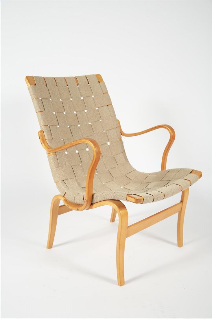 Bruno Mathsson, "Eva" Lounge Chair: Bruno Mathsson Lounge chair. Beech wood and canvas. Production: mid 20th C. Distributed by Karl Mathsson, Sweden. Model: "Eva". Height: 33", Width: 23", Depth: 22 1/2". Swedish lounge chair, known as