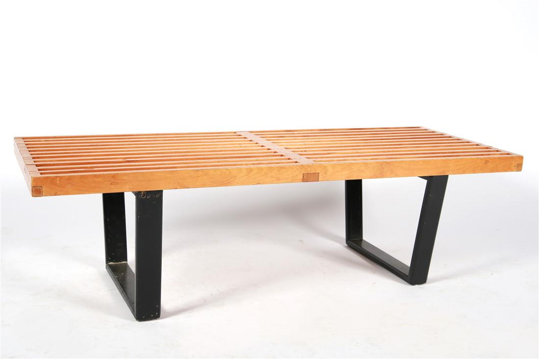 George Nelson, 4690 Platform Bench: George Nelson (American, 1908-1986). Platform bench. Wood. Manufactured by Herman Miller. Model # 4690. Height: 14", Length: 48", Depth: 18 1/2". George Nelson wood platform bench. Platform bench havi