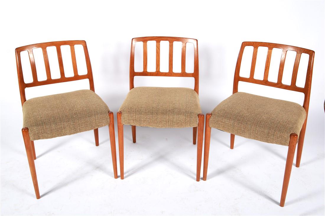 Niels O. Moller, Set of 3 Chairs: Niels Otto Moller (Danish, 1920-1982). Set of 3 chairs. Teak and tweed. Production: 1974. Distributed by J.L.Moller. Model: J.L. Moller 83. Height: 31 1/2", Width: 19 3/4", Depth: 16 5/8". Set of 3 te