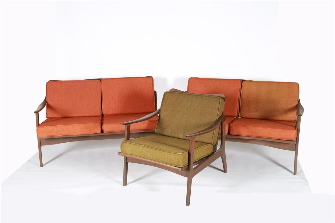 Otto Gerdau Co., Set of Three Walnut Chair/Benches: The Otto Gerdau Company. Walnut, upholstery. Sofa Benches: Height: 28 3/4", Length: 47 5/8", Depth: 29 3/8". Chair: Height: 28 1/2", Length: 24 3/4", Depth: 29". Set of two walnut benches and one loun