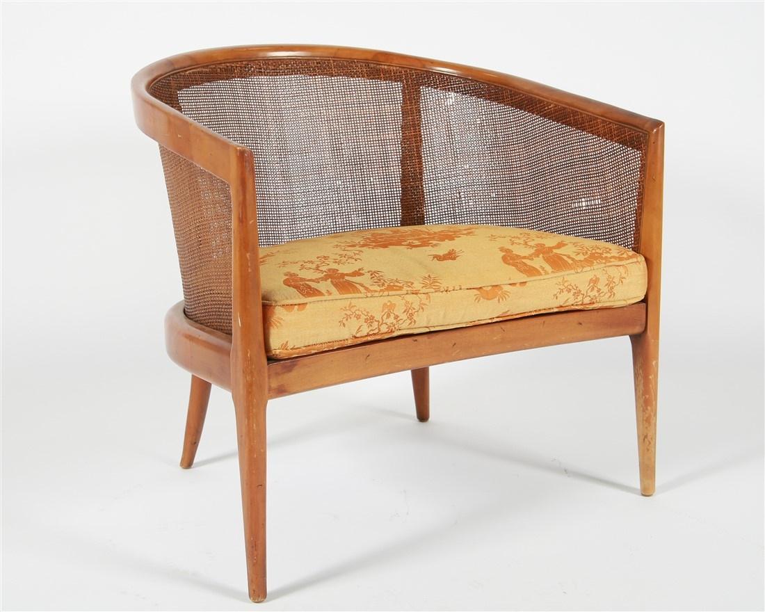 Robinson Furniture, Caned Lounge Chair: Robinson Furniture. Lounge chair. Wood, caning, upholstery. Height: 27 1/2", Length: 27", Depth: 23", Seat Height: 15 1/2". Wood framed lounge chair with caned sides and back by Robinson Furniture. Or