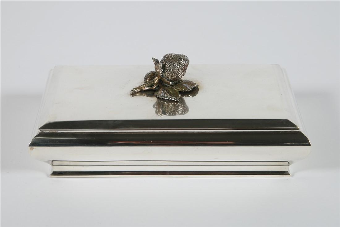 Strawberry Lid Box, 800 Silver: 800 silver. Height: 4", Length: 9 3/4", Width: 6 1/4". Square lidded box with strawberry accent. Box is marked "800 12PR".