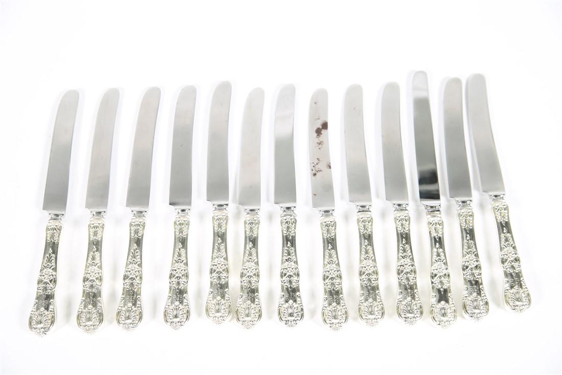 Tiffany & Co., English King Sterling Knife Set: Tiffany & Co. (American, est. 1837). Knife Set. Sterling Silver. Design year: 1885. Distributed by Tiffany & Co. Pattern name: English King. Length: 9 5/8". Set of thirteen Tiffany & Co. sterling silv