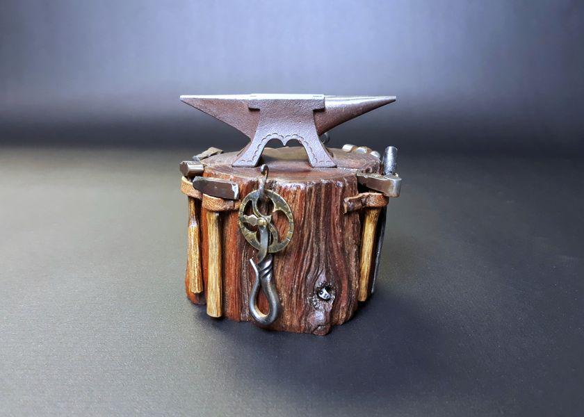 Miniature Anvil & Blacksmith Tool Set: Dale Hanchett. Metal, wood, resin. 1998. 3.25" x 3" x 3".