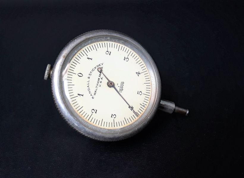 1/1000 Dial Indicator Gauge: Randall & Stickney Dial Co. Steel. c. 1930s. 2" (3" total) x 2.5"