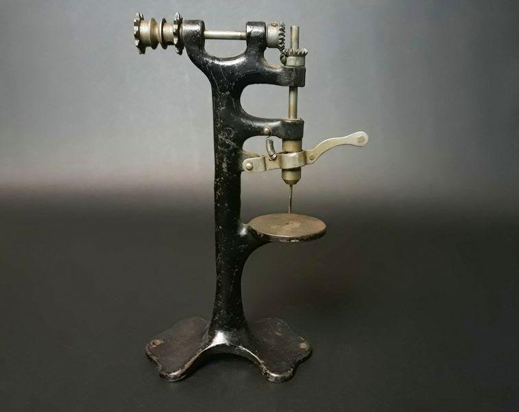 Jewelers Drill Press: Cast Iron, Steel. c. 1900. 6.6" x 3.25" x 2.4".