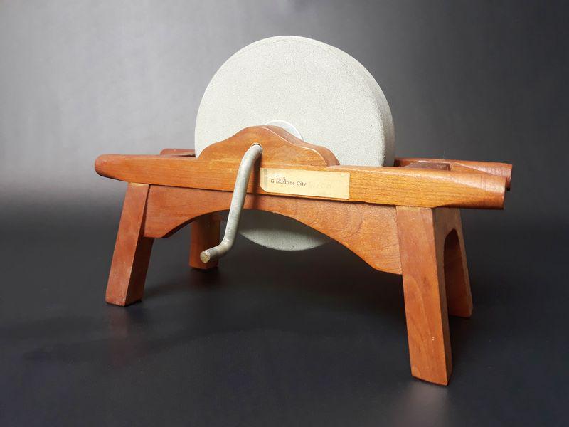 Small Wooden Hand Crank Sharpening Grinding Wheel: Wood, Sandstone. 6.25" x 9.50" x 5.25".