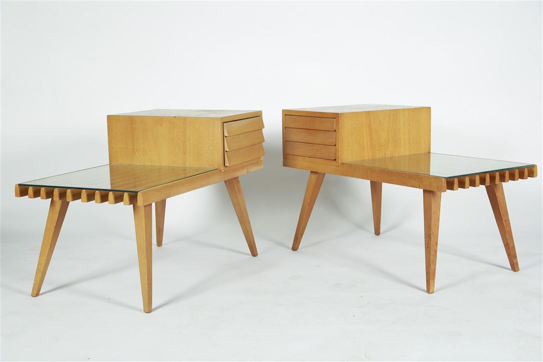 Modern by Founders, Pair of Night Stands: Modern by Founders. Pair of night stands. Bleached mahogany and glass. Height: 22", Width: 32", Depth: 19 1/2". Modern by Founders pair of night stands with glass table top and one drawer opening from