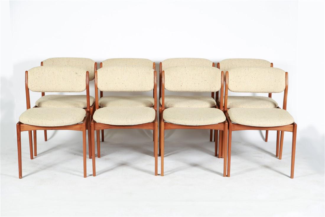 Set of Eight Benny Linden Dining Chairs: Benny Linden. Set of eight dining chairs. Tweed upholstery and teak. Production: 1970 - 1979. Made in Thailand. Height: 31 3/4", Length: 19 1/2", Depth: 19". Teak modern dining chairs with a Danish mo