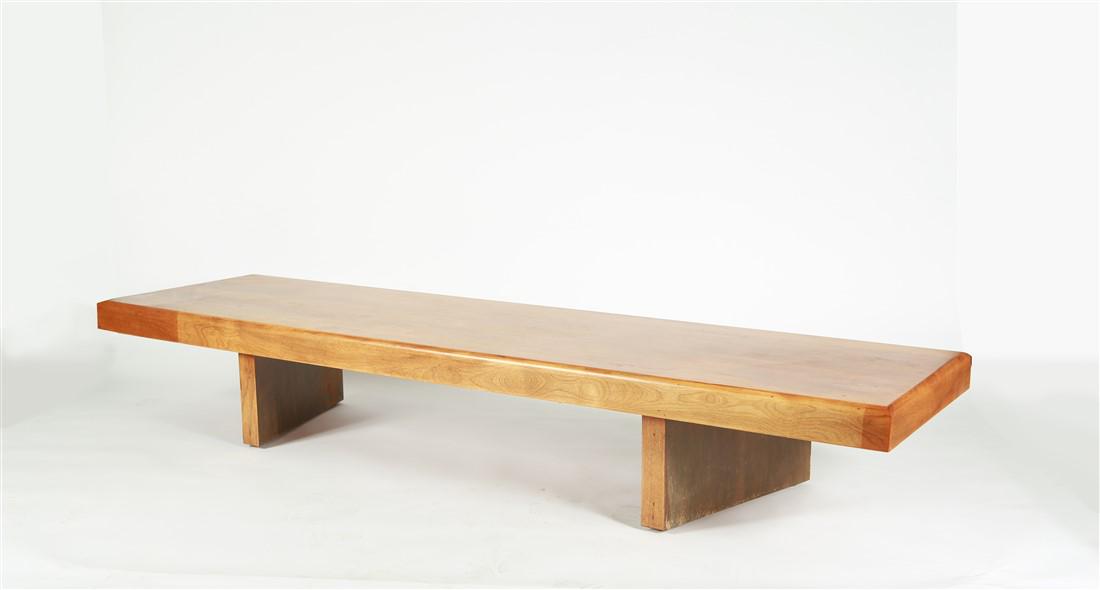 Low Platform Wooden Bench: Wood bench. Height: 14", Length: 85 1/4", Depth: 23 1/2". Modern low platform wood bench in the style of Milo Baughman or Thayer Coggin. No drawers. Bench appears to be unmarked.