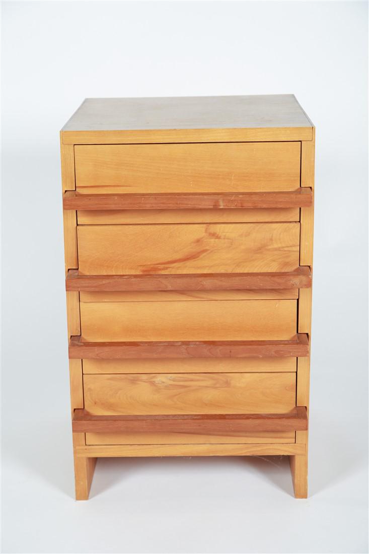 Teak Nightstand with Bar Pulls: Teak. Height: 23”, Length: 14 1/4”, Depth: 16 1/2”. Four drawer nightstand in teak. Teak bar shaped pulls. Appears unmarked.