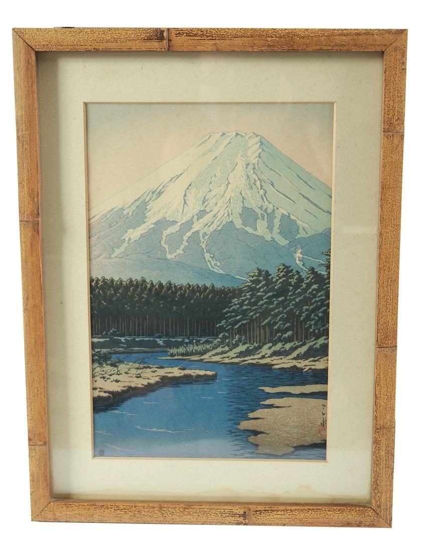 Kawase Hasui, "Mt. Fuji from Oshino Hakkai": Kawase Hasui (Japanese, 1883-1957). "Mt. Fuji from Oshino Hakkai". c. 1942. Woodblock print. Sight: 14" x 9 1/2". Frame: 19 1/4" x 14 1/2". Hasui, woodblock print depicting Mt. Fuji. Tate-e. Signed wi