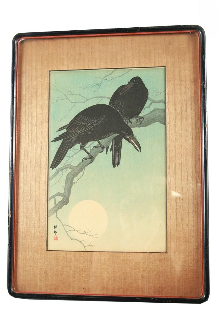 Ohara Koson (Shoson), "Crows in Moonlight": Ohara Koson (Shoson) (Japanese, 1877-1945). "Crows in Moonlight". c. 1927. Woodblock print. Sight: 13 1/4" x 9". Frame: 20" x 15". "Crows in Moonlight" woodblock print by Ohara Koson (Shoson). Tate-e.