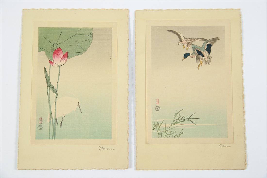 Oson and Koson, Two Woodblock Prints: Okada Oson (Japanese, 1876-1913). Woodblock print. Paper: 6 1/4" x 4 1/4". Mat: 8" x 5 1/4". Ohara Koson (Japanese, 1877-1945). "Egret and Lotus". Woodblock print. Paper: 6 1/4" x 4 1/4". Mat: 8" x 5 