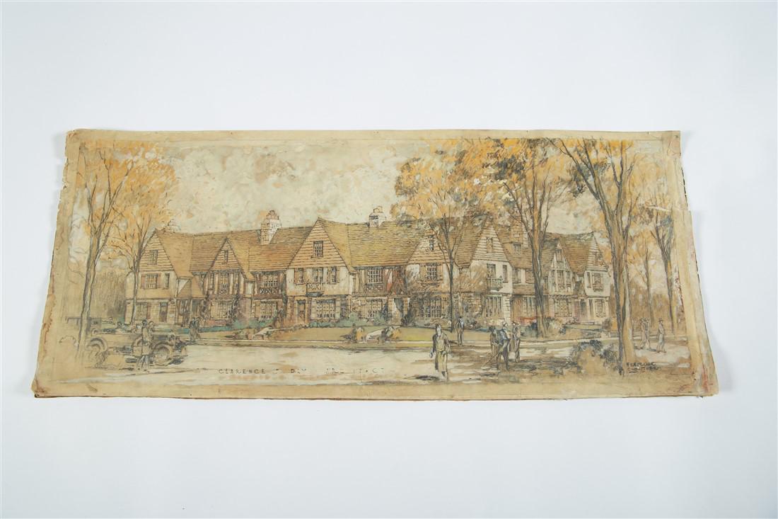 Frederick Crowther, Architectural Sketch: Frederick Crowther (American, 20th century). Mixed media on paper. Paper: 13 1/2" x 31 1/2". Architectural sketch by Frederick Crowther. Titled "Clarence E. Day, Architect". Clarence Day was an archit