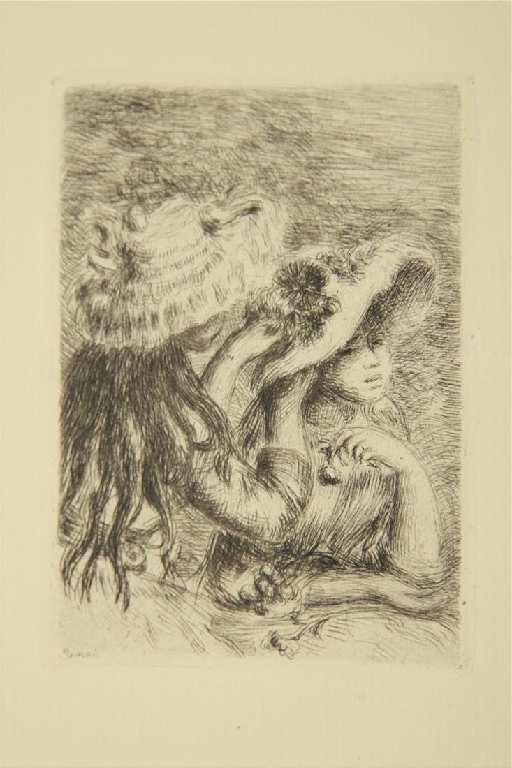 After Renoir, Etching of Girl in Hat: After Pierre Auguste Renoir (French, 1841-1919). "Le Chapeau Epingle". Etching. Paper: 13" x 10 1/4". Plate: 4 3/4" x 3 1/4". Etching of two girls in hats after Renoir. Signed Renoir within the plate.