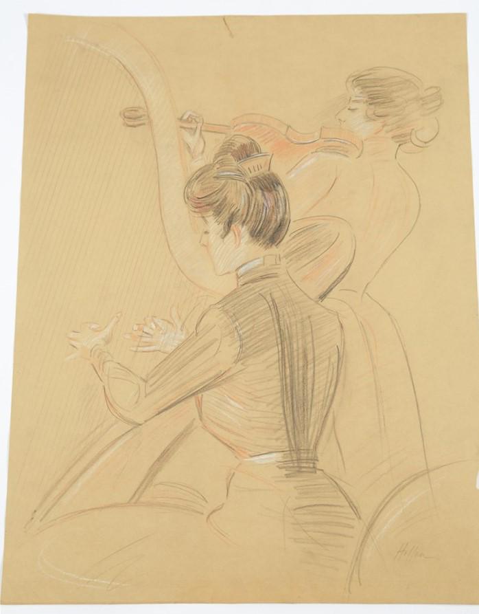 Paul-Cesar Helleu, Charcoal on Paper Sketch: Paul-Cesar Helleu (French, 1859-1927). Charcoal/pencil on paper. 26" x 20". Signed, "Helleu" bottom right. Charcoal sketch of two woman playing instruments. One is playing harp and other is playing th
