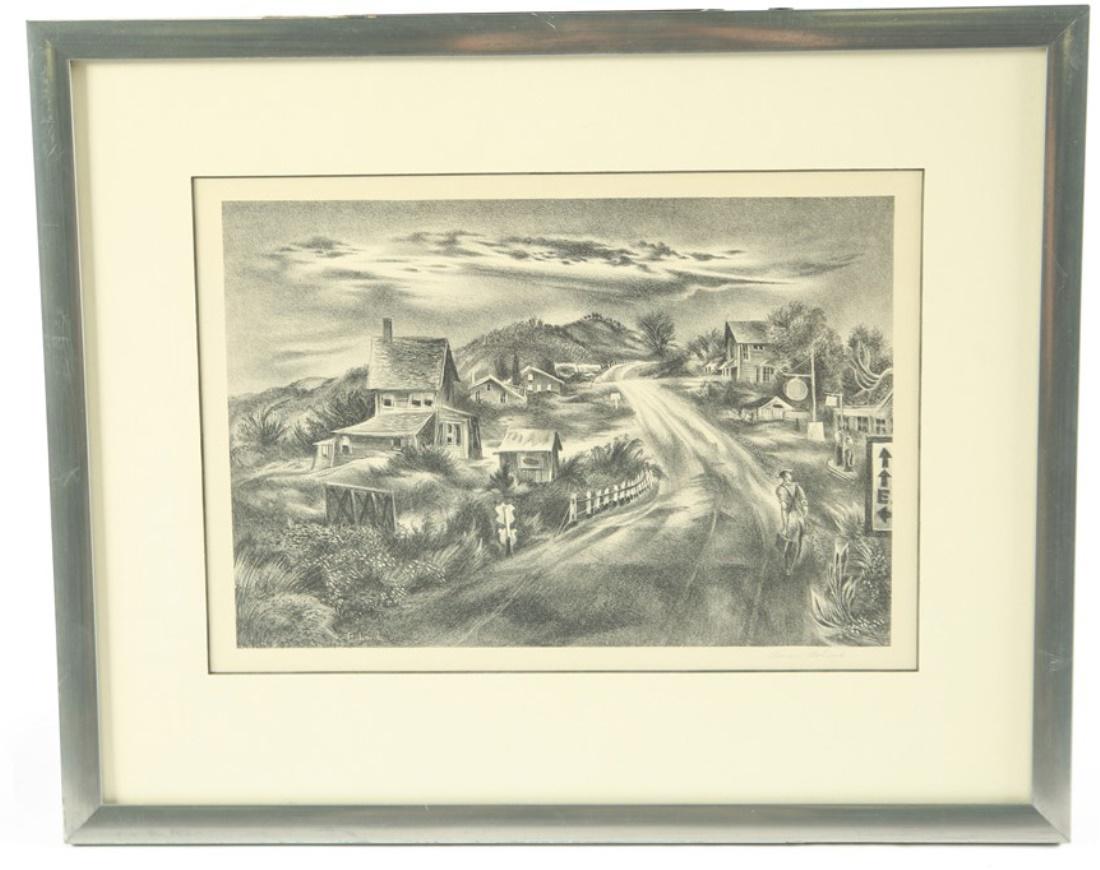 Aaron Bohrod, "Pennsylvania Highway" Litho: Aaron Bohrod (American, 1907-1992). "Pennsylvania Highway". Lithograph. Sight: 10 1/4" x 14 1/2". Frame: 17" x 21". Lithograph depicting a highway through a village. Signed in pencil lower right. Info