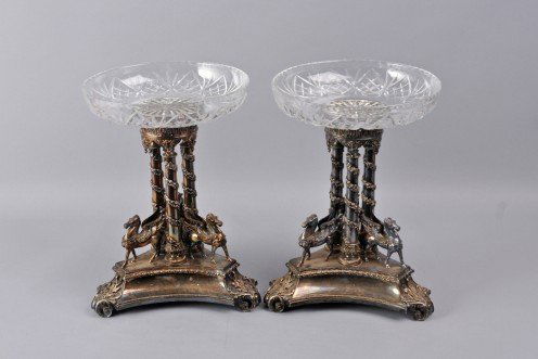 Pair of Silverplated Epergnes w/Shallow Cut Crysta: attributed Continental, 3rd quarter 19th century, 12 3/4" high, 9 1/4" long.