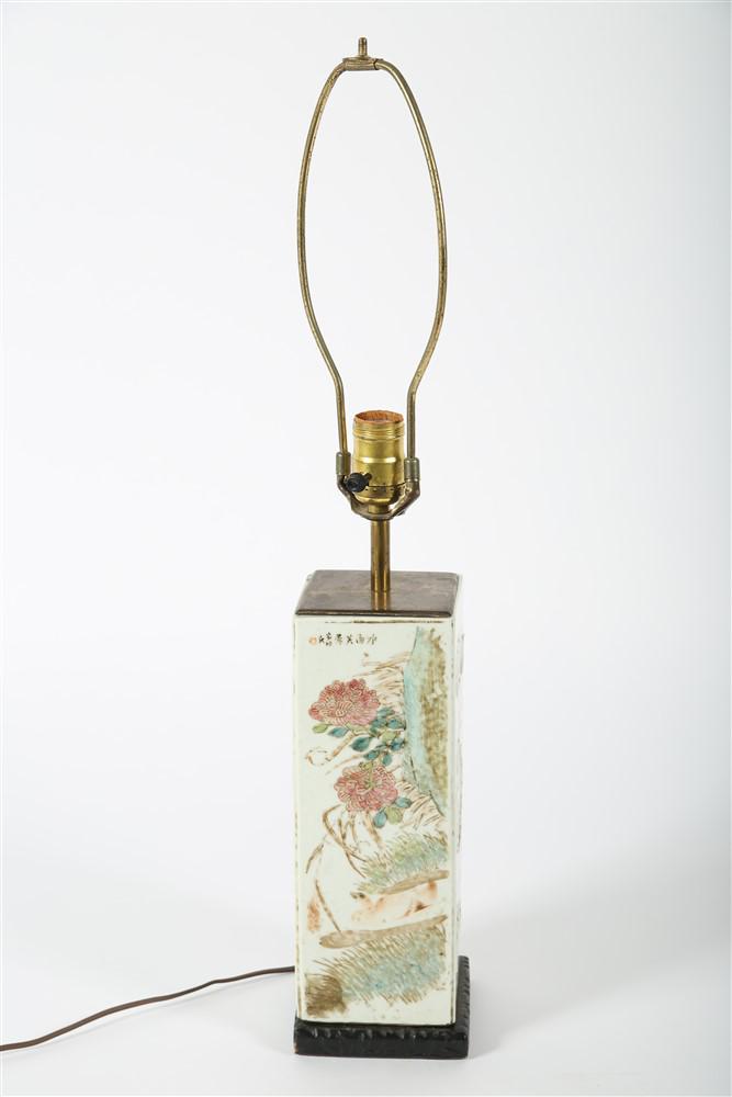 Chinese Porcelain Vase Lamp with Birds: Porcelain. Height (including harp): 25 1/4", Height (vase only): 11 3/4", Length: 4 1/2", Depth: 4 1/2". Chinese porcelain vase converted into a lamp. Rectangular form with Chinese characters and pain