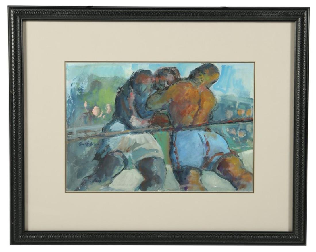 Sam Meyerson (American), Watercolor Boxer Painting: Sam Meyerson (American, 20th century). Watercolor and acrylic on paper. Sight: 12” x 17 1/2”. Frame: 22 1/4” x 27 3/4”. Mixed media painting depicting two boxers in the ring. S